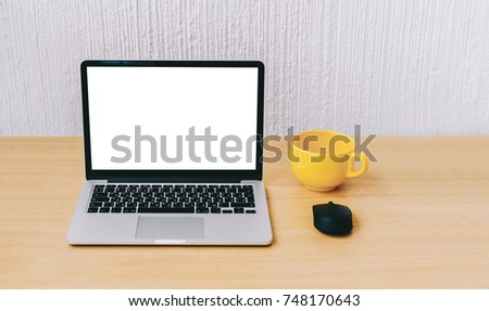 laptop mock-up on white wall background in office