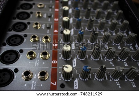 Musical amplifier (Audio amplifier) or Music mixer with Knobs, Jack holes and Mic connectors