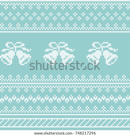 Vector traditional Christmas knitting seamless pattern in azure and whit,with bells.Perfect for Christmas and New Year greeting cards,wrapping paper,winter greetings.