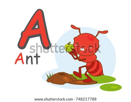 English alphabet a with picture of ant