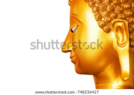 close up of The head of the golden Buddha Statue on white background.