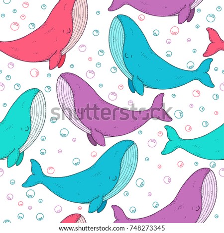 Seamless pattern with sea animal - cute cartoon whale. Swimming smiling colorful whales and bubbles. Childish texture for fabric, textile. Underwater life