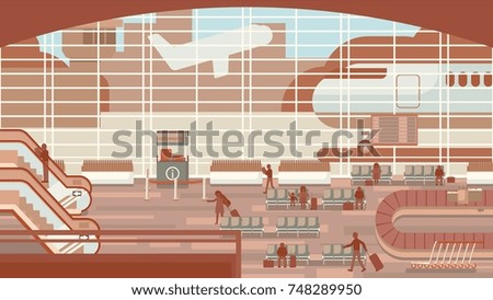 Business people sitting and walking in airport terminal, business travel concept. Flat design vector illustration.
