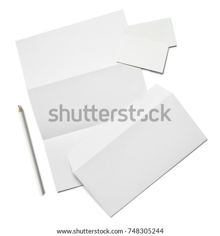 envelope, paper, pencil and business card template on white background