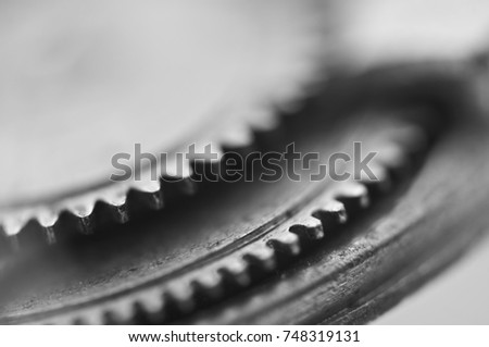 Gear wheels, monochrome industrial background. Very shallow depth of  field, focus is very small. Creative photography for conceptual projects. Macro