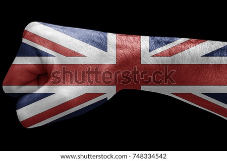 Fist painted in colors of United kingdom flag, fist flag, country of United kingdom