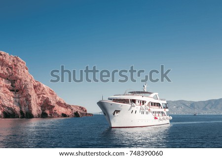 passenger ship at sea,amazing landscapes background,clear blue sky,sky without clouds,beautiful sea,nature,seascapes,yacht in a sea,mountains,horizon,summer holidays,travel time,success