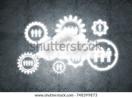 Background image with gears and cloud computing connection concept on concrete wall