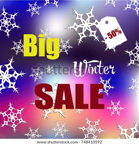 Winter background, big discount, white snowflakes. Advertisement, catalog, vector illustration