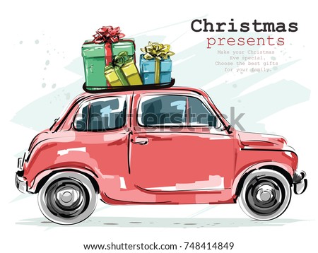 Stylish retro car with Christmas gifts. Hand drawn red car. Sketch. Vector illustration.