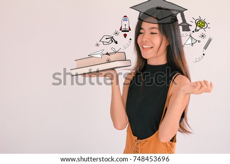 Education and graduation Concept. Young asian woman college student holding her books smiling happily with education and learning illustration doodles background