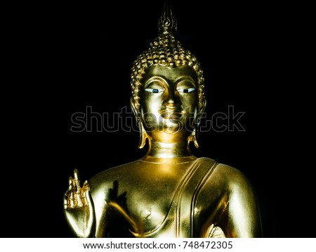 Buddha Image, Face of Buddha.
Buddha Gold Statue, beautiful face of Buddha Image with peaceful eyes and smile closeup on background.