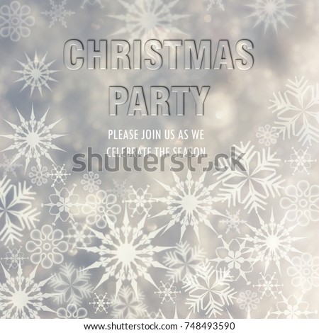 Christmas party invitation. Christmas party poster template with snowflakes on the silver background. Christmas background. Illustration.