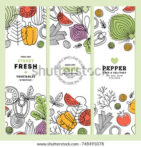 Vegetables vertical banner collection. Linear graphic. Vegetables backgrounds. Scandinavian style. Healthy food. Vector illustration Royalty-Free Stock Photo #748495078