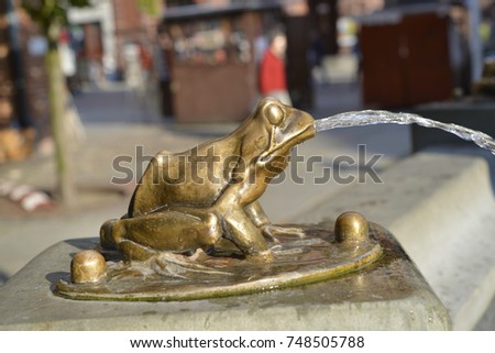 Bronze frog in the fountain that spits water. Royalty-Free Stock Photo #748505788