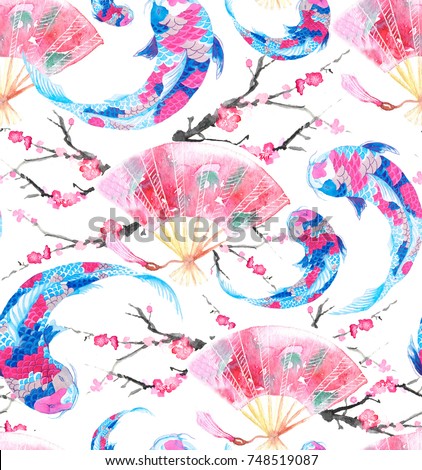 Asian seamless pattern with Japanese carp, Chinese cherry blossom, oriental fans. Painted watercolor illustration with traditional symbols of Asia