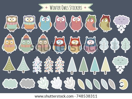 Winter Owls stickers collection. Christmas decorative elements, trees, brunches, leaves. Vector illustration