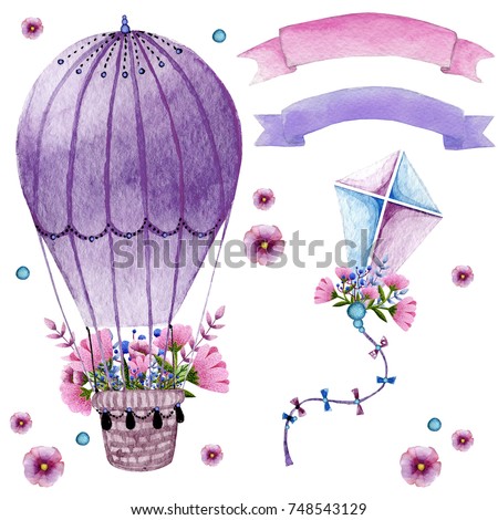 Watercolor collection with air balloon, flowers,ribbons and the kite in pastel colours.Handpainted elements beautifully decorated on white background.Pastel set.