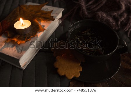 Home picture: herbal tea with ginger cookies, old book, maple leaves and a candle