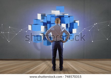 View of a 3d rendering blue and white cube on a futuristic interface