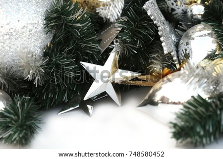 Christmas ball hang on green white pine tree background for new year celebrate party event copy space for add advertise text concept. 