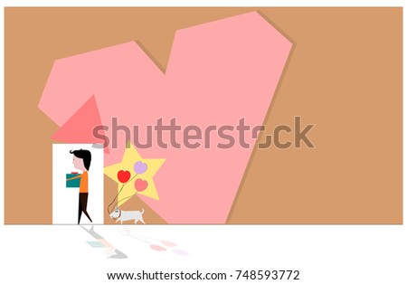 Man holding the gift on the way to home with the dog holding heart balloons on illustration vector for New years and Valentines

