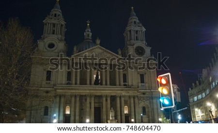 St Pauls Cathedral with light cars and red bus passing, LONDON, ENGLAND