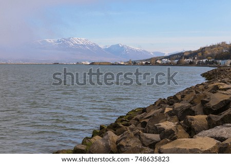 Landscape of sea lagoon from Akureyri city in Iceland.