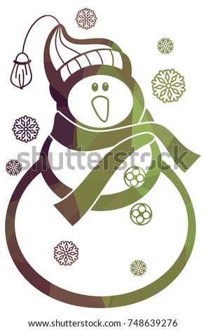 Contour snowman and snowflakes a white background. Color, mosaic, sparkling. Vector clip art.