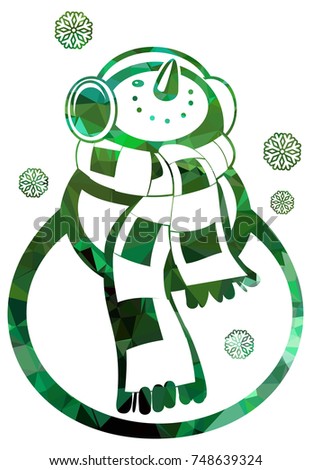 Contour snowman and snowflakes a white background. Color, mosaic, sparkling. Vector clip art.