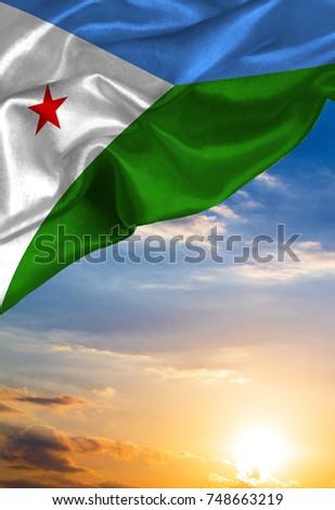 Grunge colorful flag Djibouti, with copyspace for your text or images against the background of the sunset sky