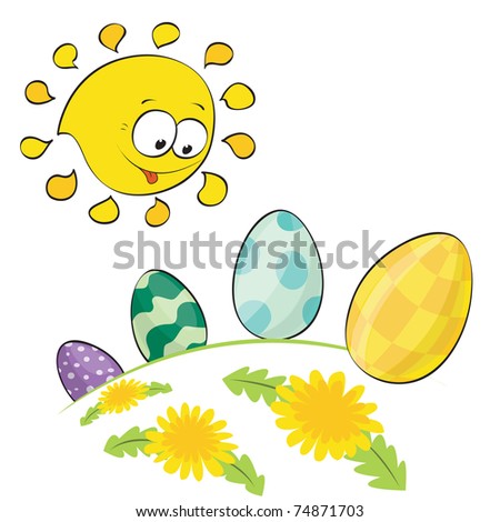 Cute little sun looking at easter eggs. Vector illustration