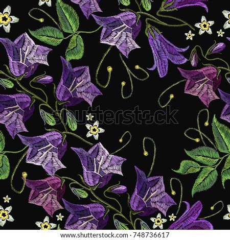 Embroidery violet flowers bells seamless pattern. Fashionable template for design of clothes. Beautiful cornflowers, classical embroidery seamless background vector 