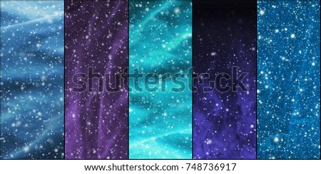 Blizzard, snowflakes, universe and stars. Winter backgrounds collection in a Christmas style.
