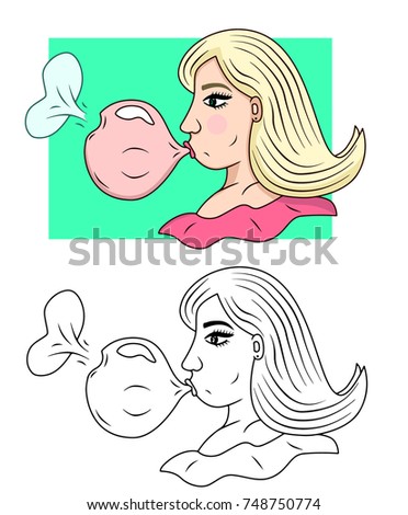 Girl vector with a bubble gum illustration sketch colored