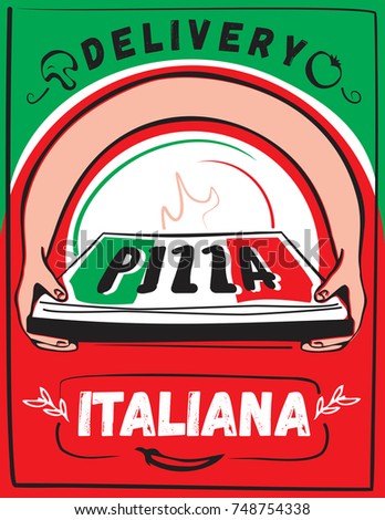 Two hands holding a pizza box. Delivery italian pizza. Pizza box. Vector illustration.