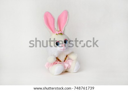 White plush rabbit in a dress.