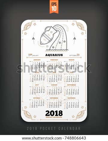 Aquarius 2018 year zodiac calendar pocket size vertical layout White color design style vector concept illustration.