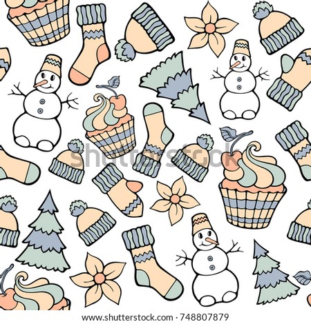 Modern funny color seamless holiday pattern. Hand drawing vector design winter
 elements isolated on white. New Year and Christmas cartoon theme.