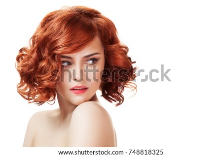Ginger beautiful woman. Perfect red hair. Isolated on white background. 