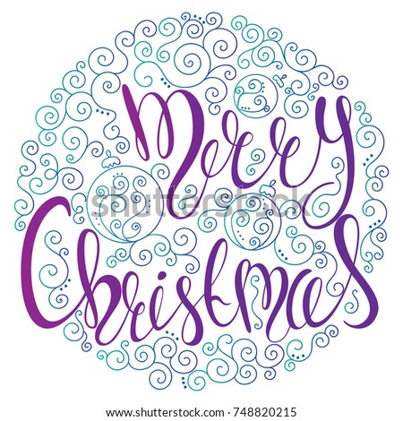 Merry Christmas lettering in a circle shape with holiday doodle round curls and balls isolated on white background. Vector hand drawn design for greeting card, packaging, decorations.