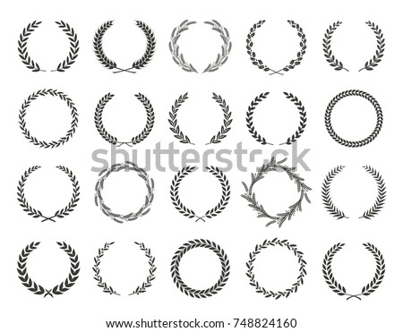 Set of black and white silhouette circular laurel foliate and oak wreaths depicting an award, achievement, heraldry, nobility. Vector illustration. Royalty-Free Stock Photo #748824160