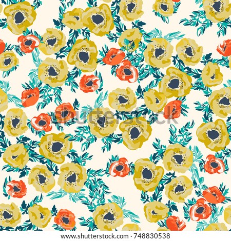 Seamless pattern in small pretty sunny flowers. Poppy bouquets. Liberty style millefleurs. Floral background for textile, wallpaper, fabrics, covers, surface, print, wrap, scrapbooking, decoupage
