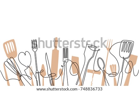 Cooking Seamless Pattern. Outline Cutlery Background. One Line Drawing of Isolated Kitchen Utensils.  Cooking Design Poster. Vector illustration. Royalty-Free Stock Photo #748836733