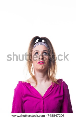 Female actor expressing various emotions, studio shot over white background