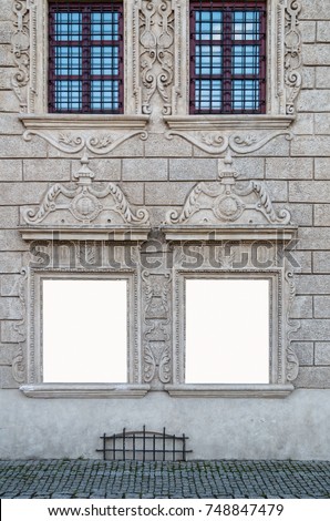 Two Advertising space on stone facade of old tenement building, Blank White Isolated Clipping Path