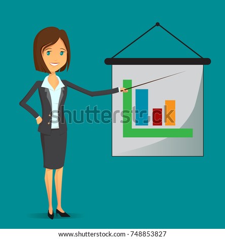 Cartoon character, Success business woman manager stand near desk with diagram graph. Vector modern flat design illustration. Full editable for animation.
