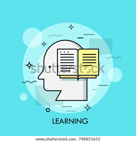 Silhouette of human head and opened book. Concept of learning, reading, knowledge, education and educational process, intelligence, thinking. Modern vector illustration for web banner, advertisement.