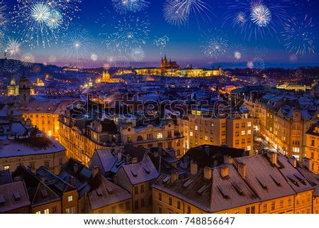 Prague Castle with Snow Rooftops Celebrating New Years Eve