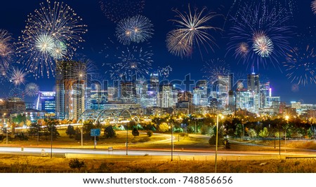 Fireworks During New Years Eve in Denver City, Colorado, USA